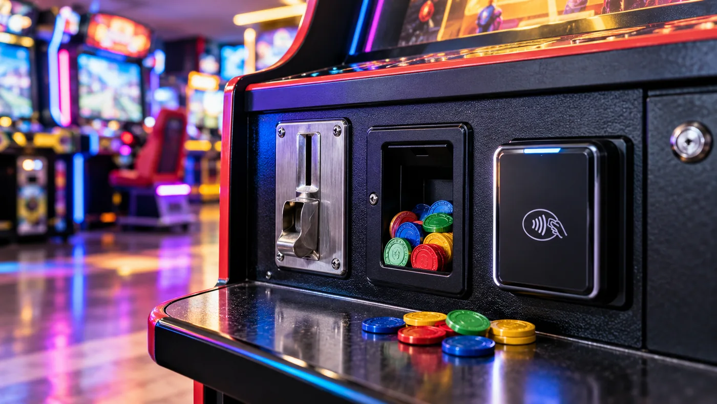 Arcade cabinet payment panel with coin slot, tokens and contactless reader