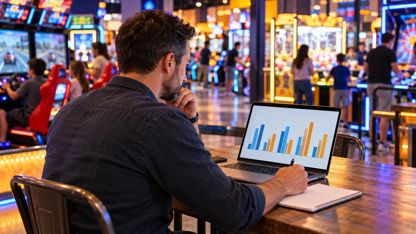 Arcade venue manager reviewing weekly game performance charts on a laptop