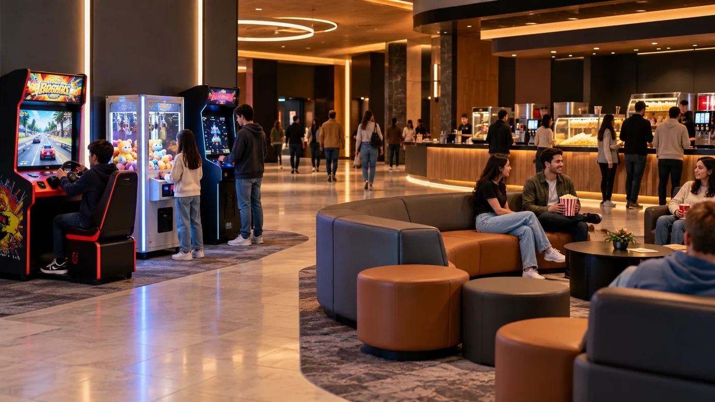 Cinema lobby waiting area with compact arcade games and lounge seating