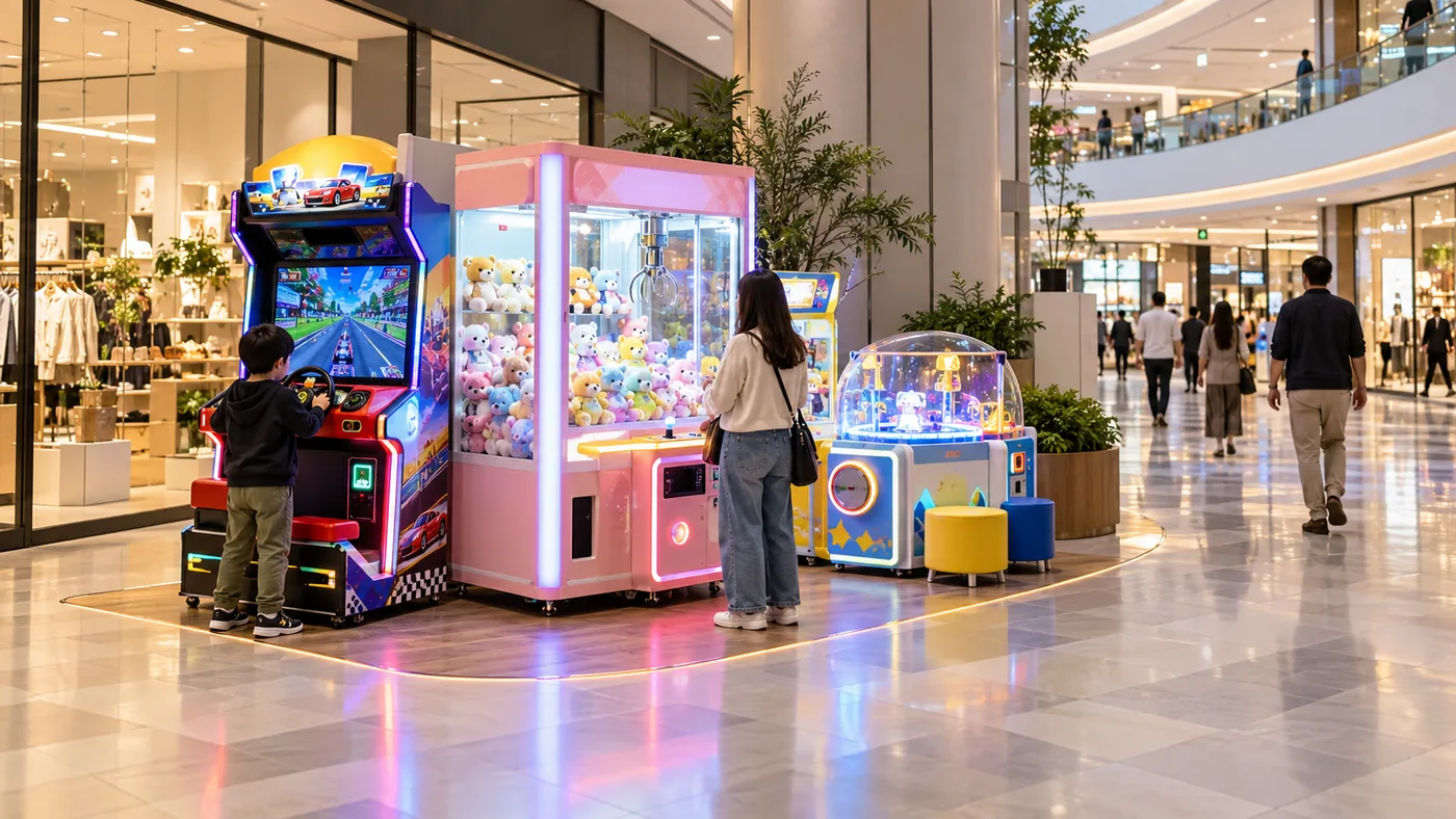 Compact arcade corner with game machines in a shopping mall concourse